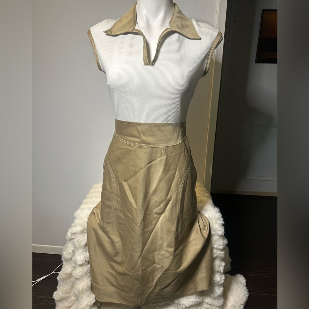 Leslie Fay Cream and Tan Midi Dress